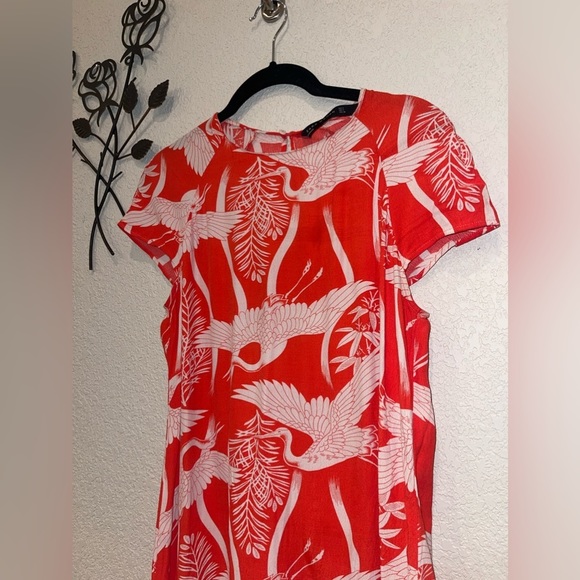 Zara Crane Bird Print Crepe Shift Dress Red Size Medium - Picture 3 of 9